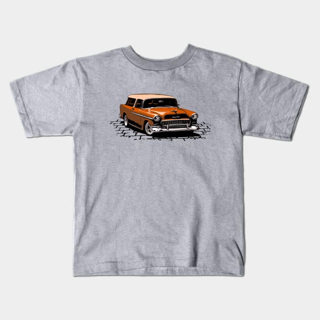 55 Chevy Nomad, Bronze 1955 Chevrolet Bel Air Nomad hot rod Kids T-Shirt by ZoeysGarage